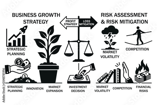 Business Growth Strategy and Risk Assessment Vector Icon Set, Black and White Infographic Elements for Corporate Financial Planning