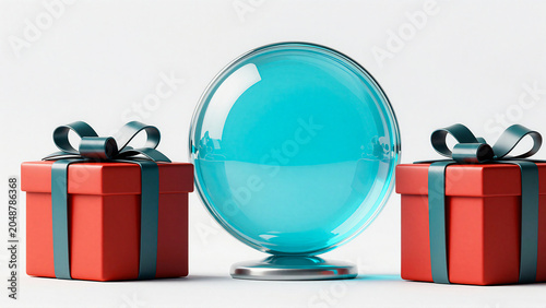Festive Red Gift Boxes with Elegant Ribbons Flanking a Radiant Translucent Blue Sphere on a White Background