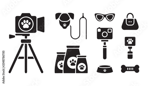 Canvastavla Pet vlog equipment icon set with camera tripod food bowl and accessories black white style