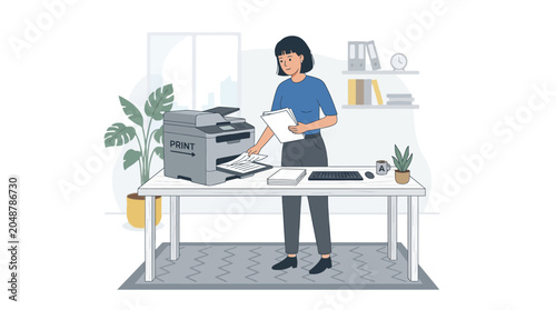 Woman using office printer, printing documents, modern workspace with plants