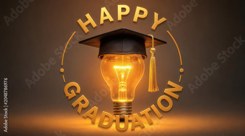 glowing orange light bulb with graduation cap happy graduation text in golden font illuminating knowledge and education celebratory vibrant concept of success bright future and academic achievement