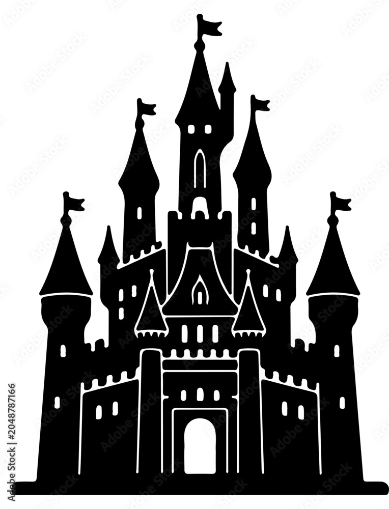 Fototapeta premium Black Silhouette of a Fairytale Medieval Castle with Towers and Flags Isolated on Transparent Background