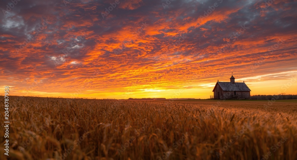 Obraz premium Peaceful countryside scene with golden wheat meadow and rustic chapel beneath a vibrant sunset sky