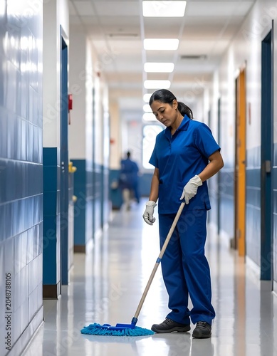 Woman walking in modern office corridor.