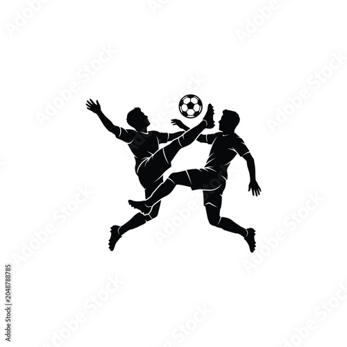 Photography Two soccer players tackling for the ball mid-air silhouette vector
