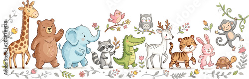 Photography Cute Cartoon Wild Animal Border Vector Set with Giraffe Bear Elephant Raccoon Cr