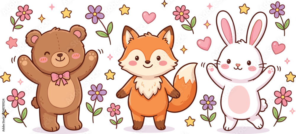 Naklejka premium Cute Kawaii Woodland Animal Vector Illustration with Teddy Bear, Orange Fox, White Rabbit, Spring Flowers, Hearts, and Sparkle Stars for Nursery Decor