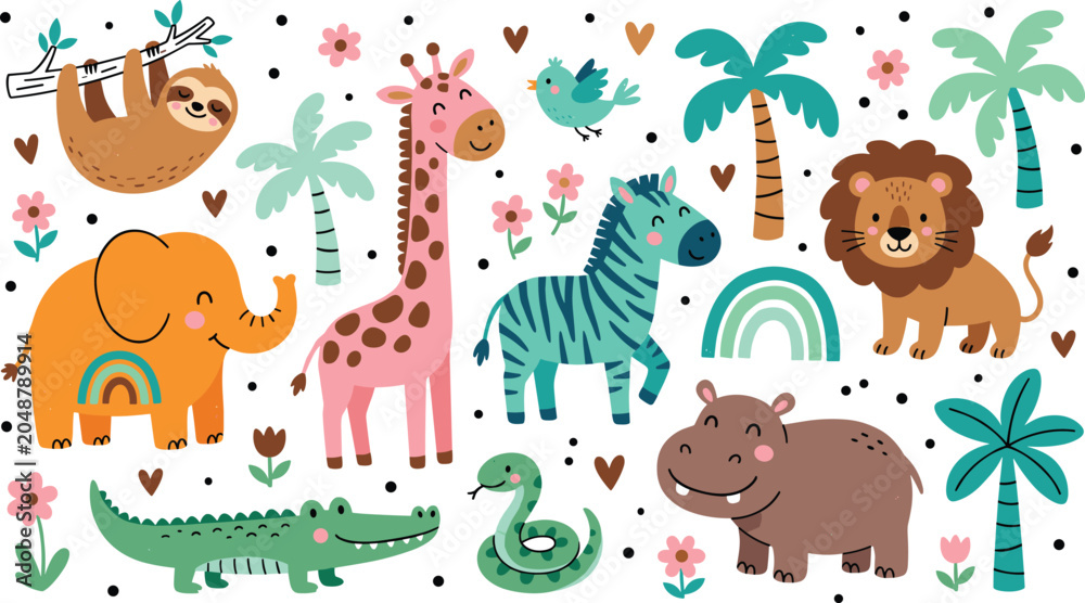 Fototapeta premium Cute Jungle Safari Animal Clipart Vector Set with Lion, Elephant, Giraffe, Zebra, Hippo, Crocodile, Sloth, and Palm Trees for Children Nursery Designs