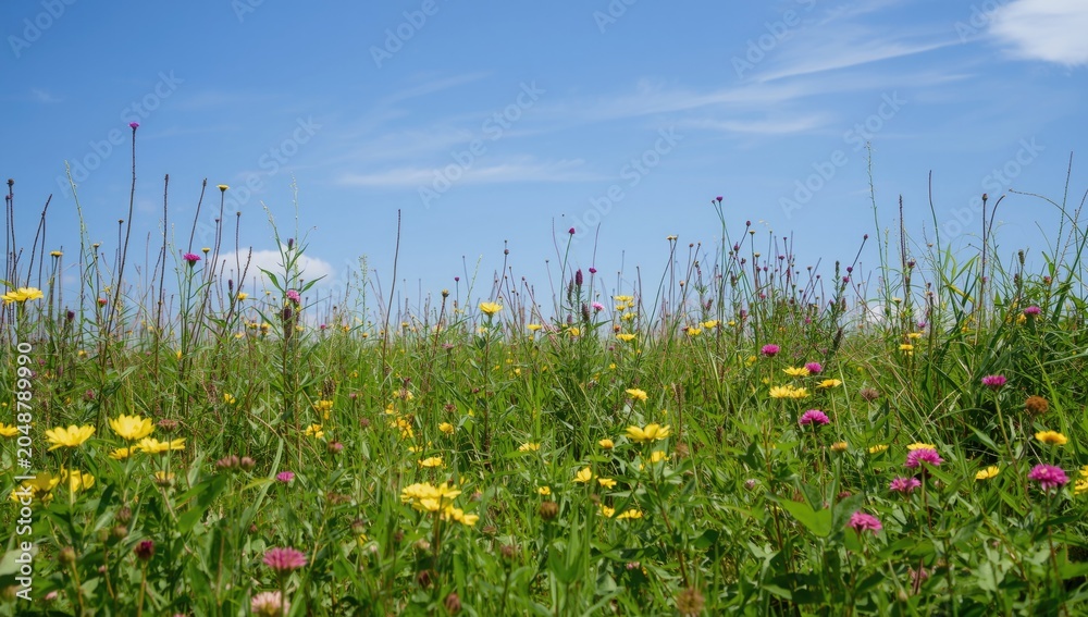 Obraz premium Radiant green grassland displaying a rich variety of flowering and leafy plant life