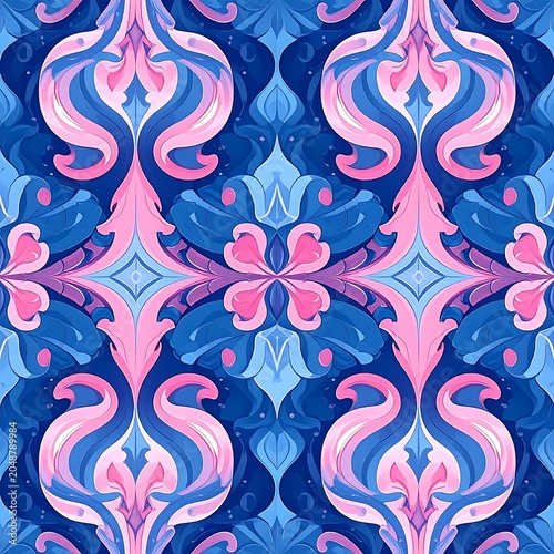 Vibrant floral pattern with pink roses on blue background.