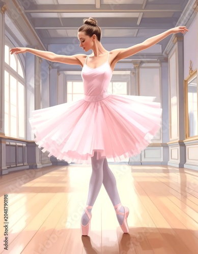 Woman in white dress twirling in modern room.