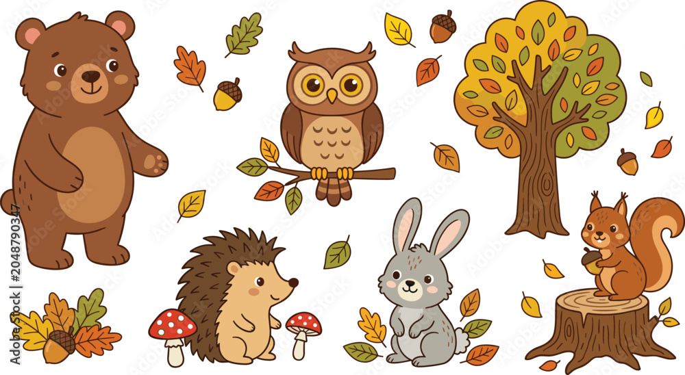 Naklejka premium Cute Autumn Woodland Forest Animal Vector Clipart Set with Bear, Owl, Hedgehog, Bunny, Squirrel, Tree, and Fall Leaves for Kids Nursery Designs