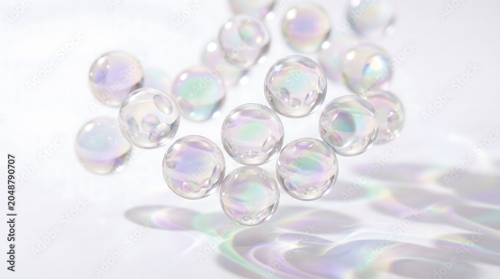 Fototapeta premium Abstract arrangement of iridescent glass spheres with light reflections on a white background