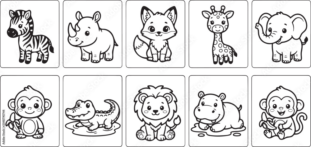 Obraz premium Kawaii Safari Animal Coloring Page Collection Featuring Zebra Rhino Fox Giraffe Elephant Monkey Crocodile Lion and Hippo 