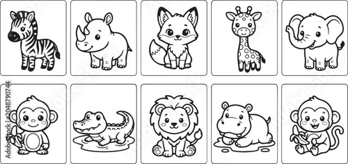 Photography Kawaii Safari Animal Coloring Page Collection Featuring Zebra Rhino Fox Giraffe