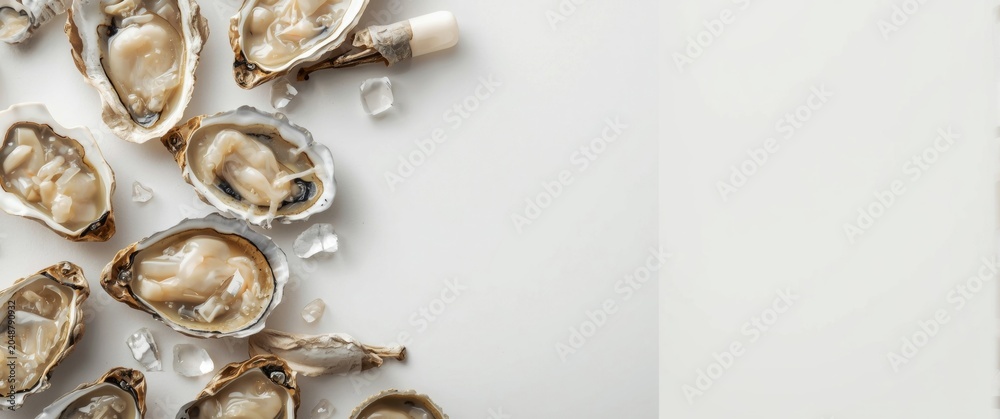 Obraz premium Overhead shot of opened oysters arranged on an empty surface with copy space