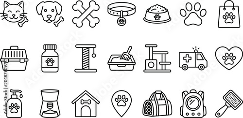 Obraz na plátně Pet care line icon collection featuring veterinary supplies grooming accessories