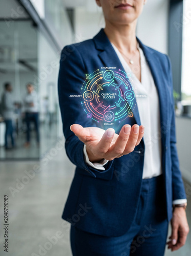 Customer journey mapping, businesswoman in blue suit holding digital customer success diagram in office