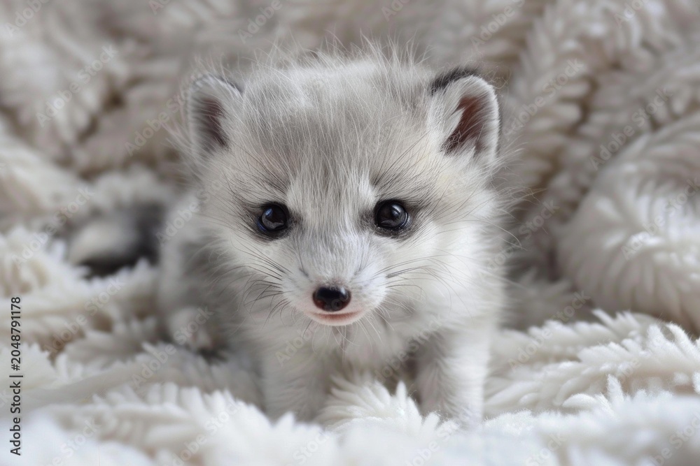 Naklejka premium Close up of a charming arctic fox cub resting on a cozy white blanket, showcasing its captivating gaze and delicate features
