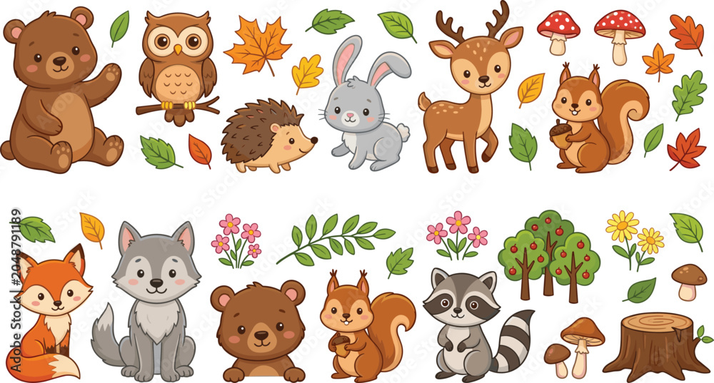 Fototapeta premium Cute Woodland Forest Animal Vector Clipart Element Set with Bear, Fox, Wolf, Deer, Owl, Squirrel, Rabbit, and Fall Leaves for Kids Nursery Graphic Designs