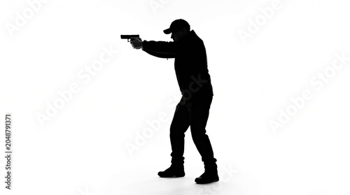 Silhouette Person Shooting Handgun on White Background