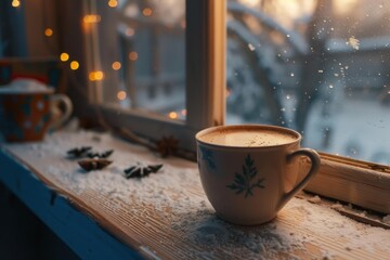 Hot cappuccino on snowy window sill during christmas holidays with fairy lights in the background