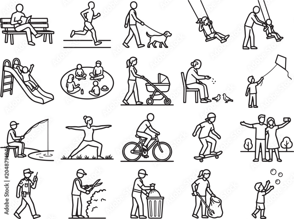 Obraz premium A collection of simple line drawings depicts various everyday activities and leisure pursuits, showcasing a diverse range of human engagement and hobbies.