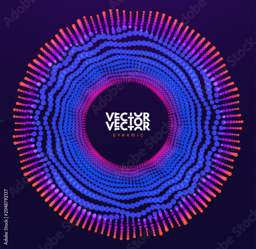 Dynamic particles. Technological context. Concentric circle. Ring of sound waves. Pulsation or vibration signal. 3D vector illustration for brochure, poster, cover, card, presentation, flyer or banner