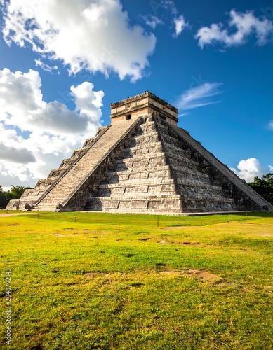 Ancient pyramid in lush green field under blue sky.
