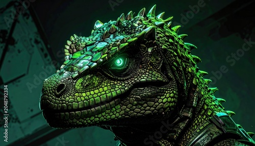 Glowing green iguana close-up profile.