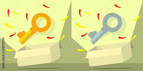 Konstfotografi Golden and Silver Keys Popping from Gift Box, Treasure Key, Premium Reward Vecto