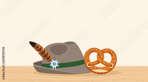 Tableau sur toile Oktoberfest hat and pretzel on table, traditional concept