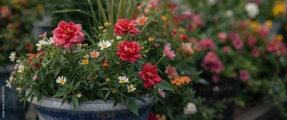 Fototapeta premium Vibrant container garden featuring lathyrus blooms and copy space for text