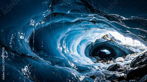Stunning Deep Blue Ice Cave Tunnel with Ethereal Natural Light