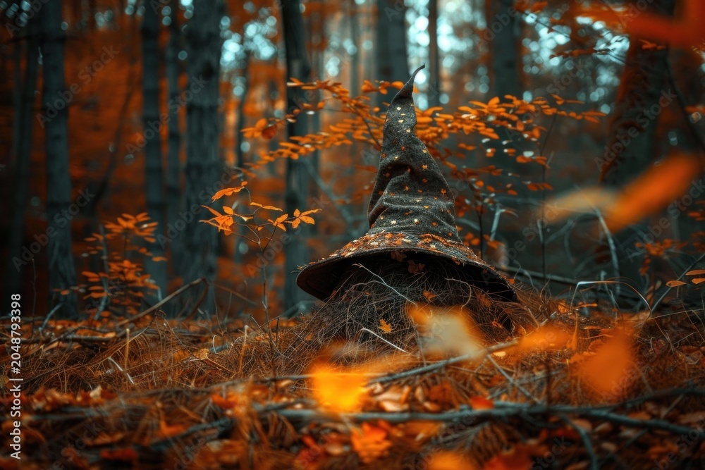 Obraz premium Pointed wizard hat lying on the forest floor covered with colorful autumn leaves