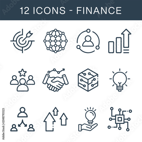 Modern outline vector icons symbolizing business strategy, financial growth, innovation, and teamwork. Essential concepts for corporate development, success, and technological solutions