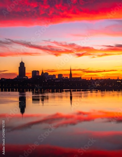 Sunset over serene lake with city skyline silhouette.