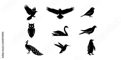 Schilderij op canvas Collection of black bird silhouettes in various poses on a white background avia