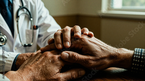 Doctor's compassionate hands offer support and reassurance to a patient