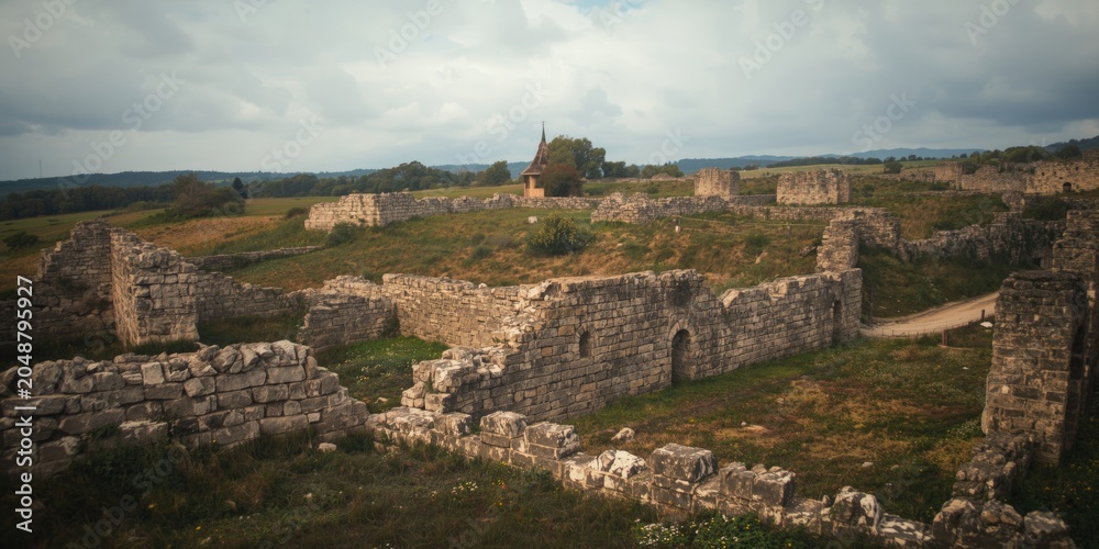 Fototapeta premium Historic site showing decayed stone structures and earthworks