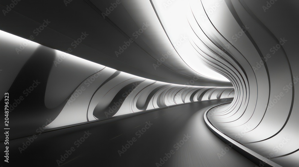 Obraz premium Abstract grayscale image of a futuristic, curved tunnel with bright light at the end.