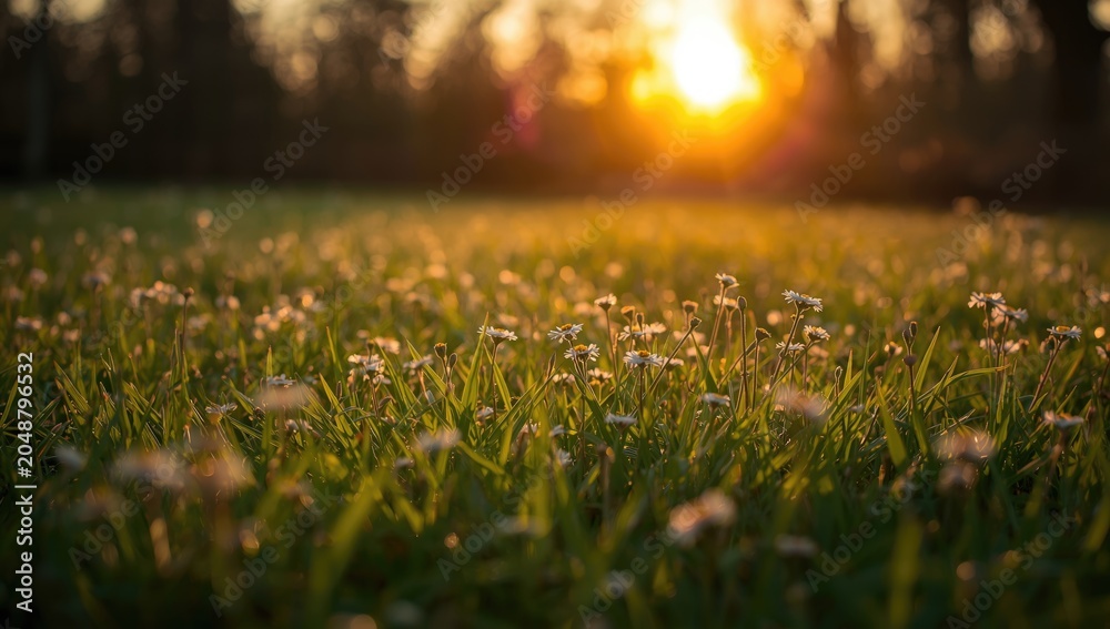 Obraz premium Sunlit spring wildflowers spreading across vibrant green grass at dusk