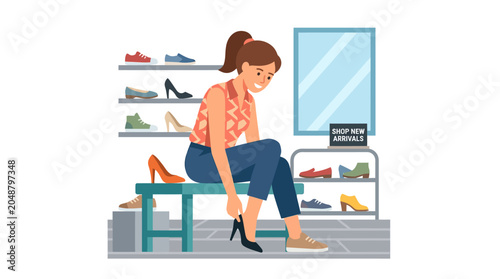 Woman trying on high heel shoes in a shoe store, shopping for footwear