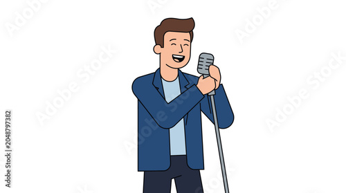 Man singing into vintage microphone, expressive, joyful, performing, artist, music concept
