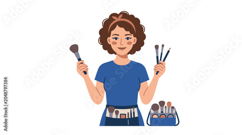 Woman Makeup Artist Holding Brushes, Professional Beauty Creator
