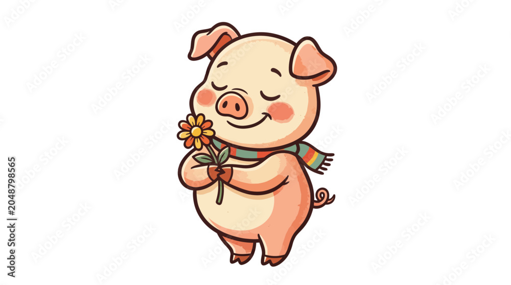 Fototapeta premium Cartoon Pig Character Holding Carrot in Happy Pose on Transparent Background