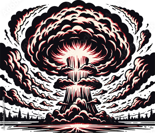 Nuclear explosion mushroom cloud over landscape, dramatic red black woodcut comic book style vector illustration on white background