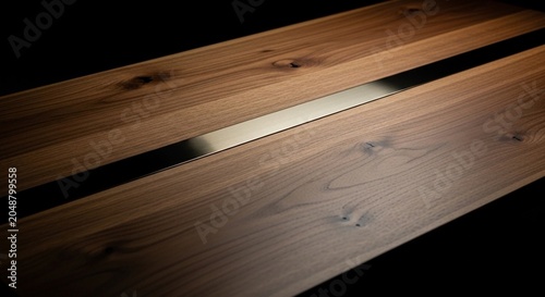 Close-up of metallic inlay on dark wooden surface with warm natural lighting and minimalist texture