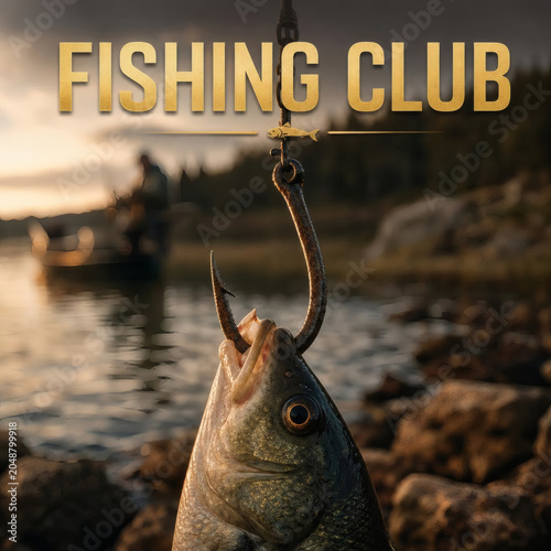 fishing club hook and fish bite adventure photography weathered hook with golden text aquatic background warm earthy tones
