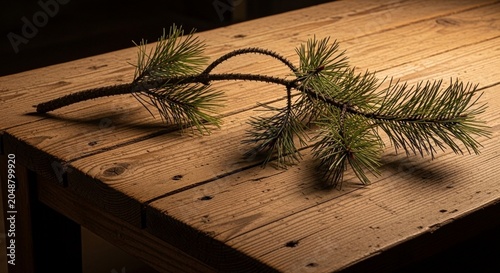 Dried pine branch on rustic wooden table with natural shadows and minimalist texture